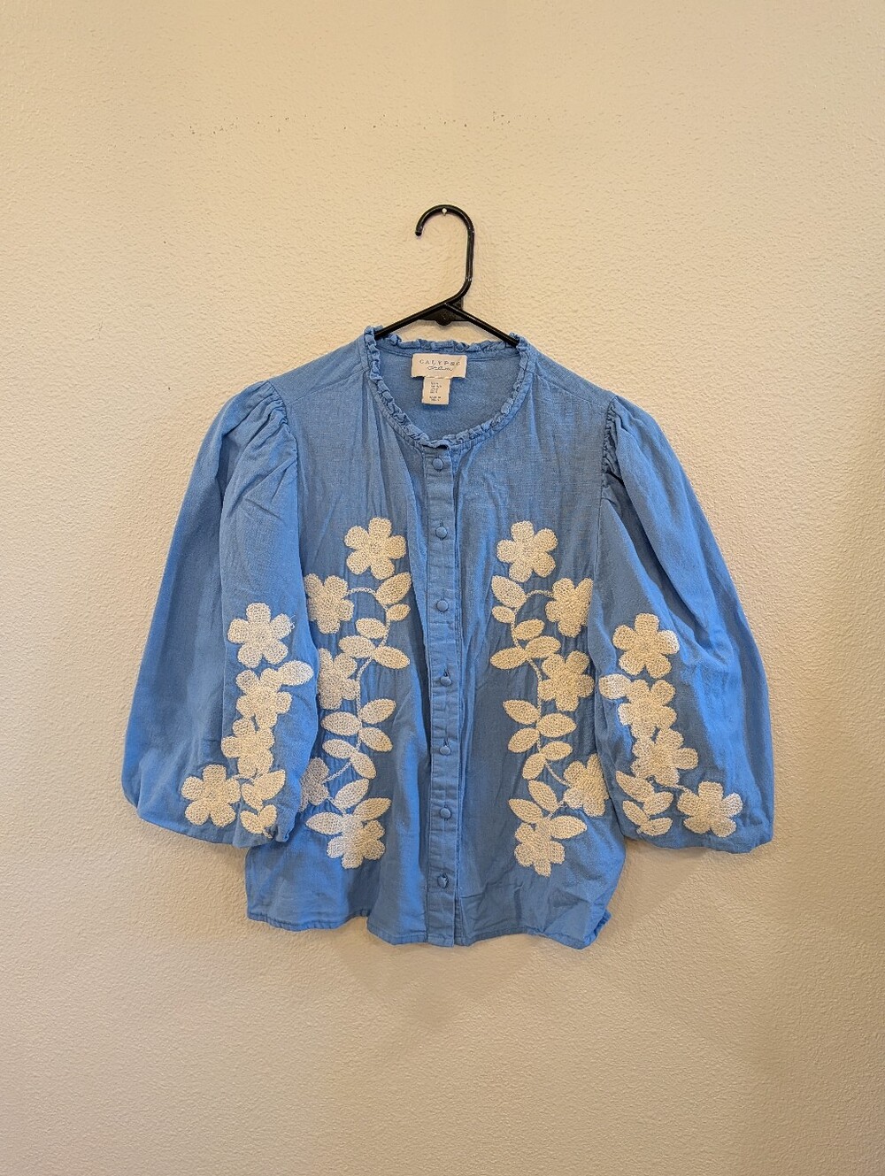 Calypso Light Blue Button-Front Top with White Floral Embroidery
